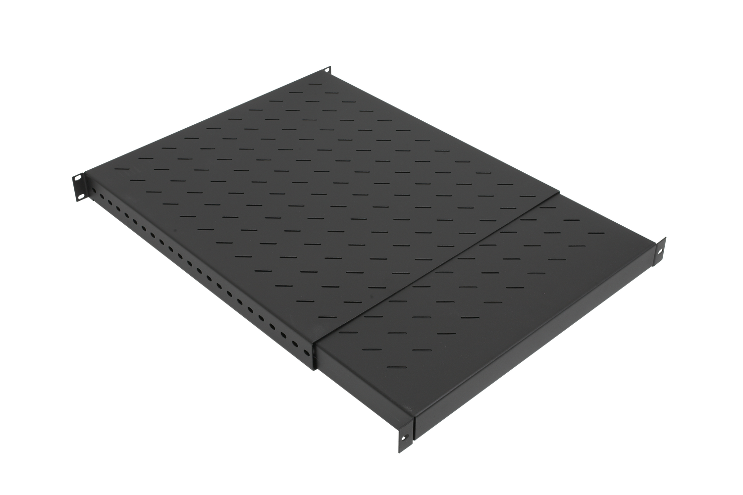 19&quot; Tablar 1HE verstellbar 500-900mm, 150kg, RAL9005, an 4 Profilen montiert