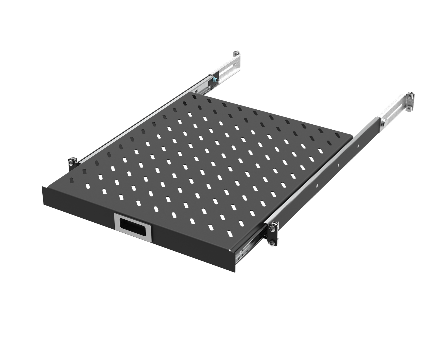 19&quot; x 1HE Tablar ausziehbar 550mm-650mm Tiefe, 30Kg, RAL9005, an 4 Profilen montiert