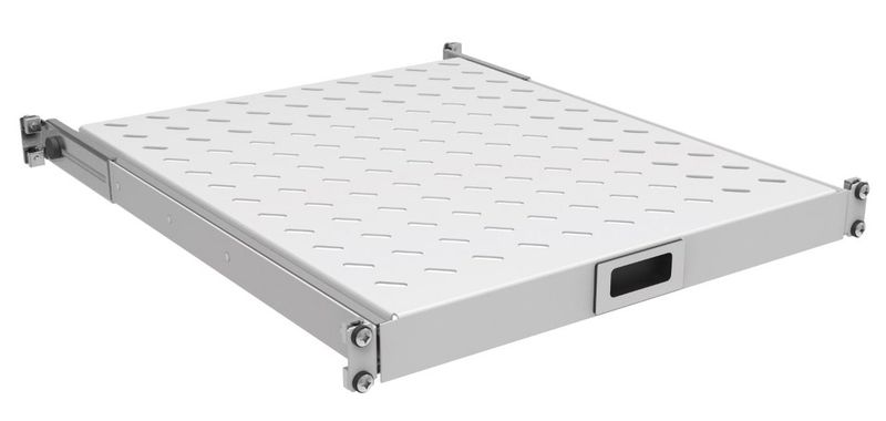 19&quot; Tablar 30mm ausziehbar 555mm Tiefe, 25Kg, RAL7035, an 4 Profilen montiert