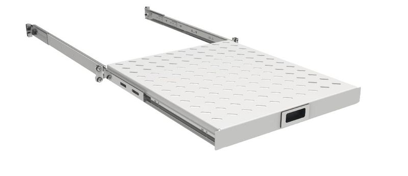 19" x 1HE Tablar ausziehbar 450mm-550mm Tiefe, 30Kg, RAL7035, an 4 Profilen montiert