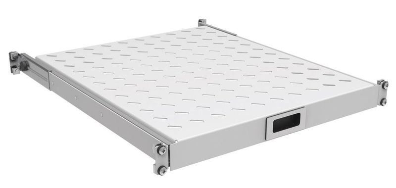 19" x 1HE Tablar ausziehbar 650mm-750mm Tiefe, 30Kg, RAL7035, an 4 Profilen montiert