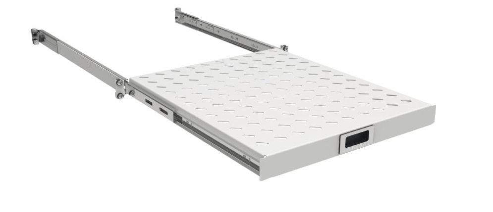 19&quot; x 1HE Tablar ausziehbar 650mm-750mm Tiefe, 30Kg, RAL7035, an 4 Profilen montiert