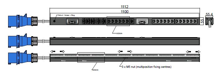 PDU IEX BASIC 55x55mm, 5 x T23 &amp; 19 x IEX (C13/C19), orange
