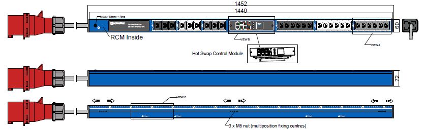 PDU IEX PIM 60x72mm, 27 x IEX (C13/C19 Combo), blau