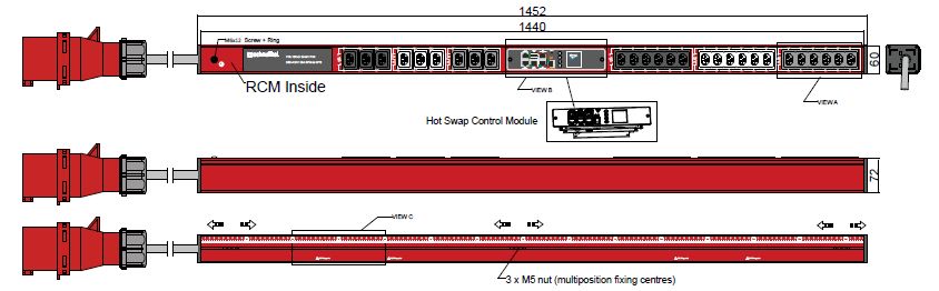 PDU IEX PIM 60x72mm, 27 x IEX (C13/C19 Combo), rot
