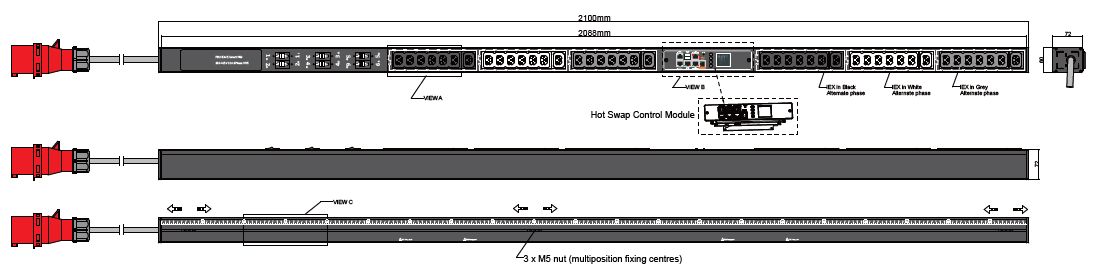 PDU IEX PIM 60x72mm, 42 x IEX (C13/C19 Combo), schwarz