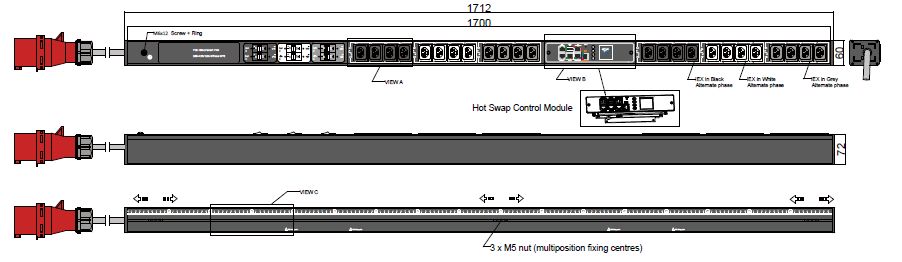 PDU IEX PIM 60x72mm, 24 x IEX (C13/C19), schwarz