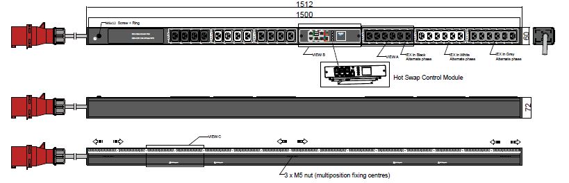 PDU IEX PIM 60x72mm, 30 x IEX (C13/C19 Combo), schwarz