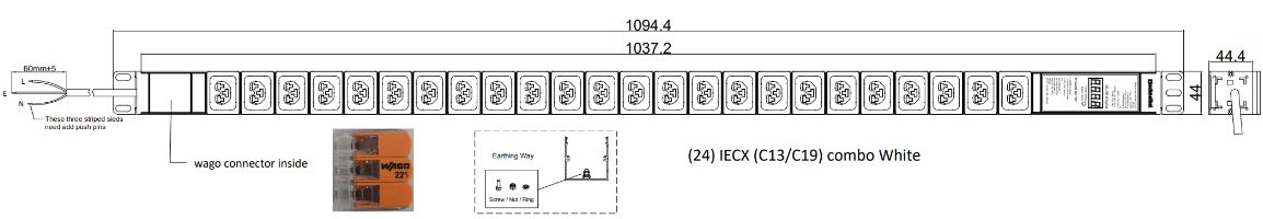 PDU IEX PM 44x44mm, 24 x IEX (C13/C19) weiss
