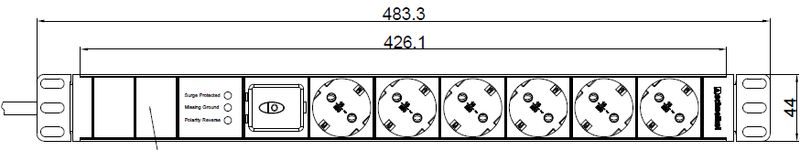 Steckdosenleiste 19&quot; 1HE, 6 x Typ F (CEE 7/3) schwarz, Überspannungsschutz, Schalter