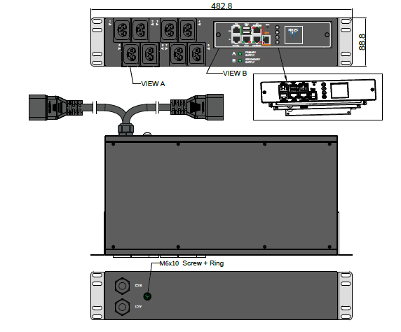 PDU POMS/ATS 88.4x160mm, 8 x IEX (C13/C19 Combo), schwarz