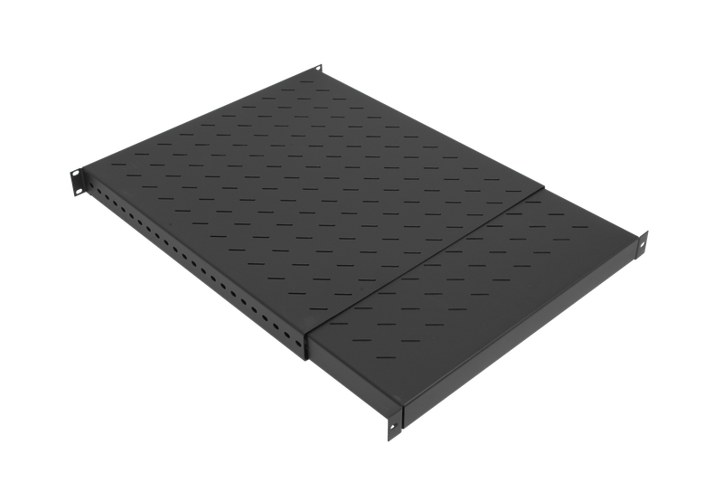 19" Tablar 1HE verstellbar 500-900mm, 150kg, RAL9005, an 4 Profilen montiert