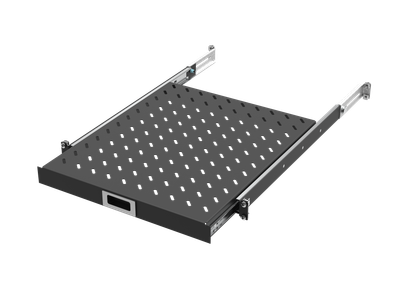19" x 1HE Tablar ausziehbar 550mm-650mm Tiefe, 30Kg, RAL9005, an 4 Profilen montiert