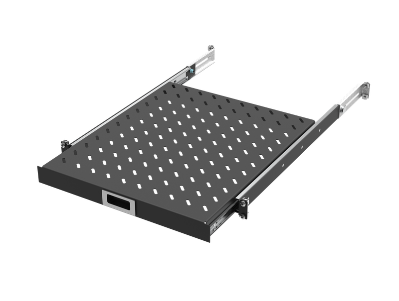 19" x 1HE Tablar ausziehbar 550mm-650mm Tiefe, 30Kg, RAL9005, an 4 Profilen montiert