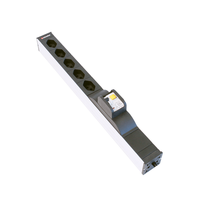 Steckdosenleiste 19&quot; 1HE 5×T13 schwarz Stecker T12 mit FI/LS (RCBO)