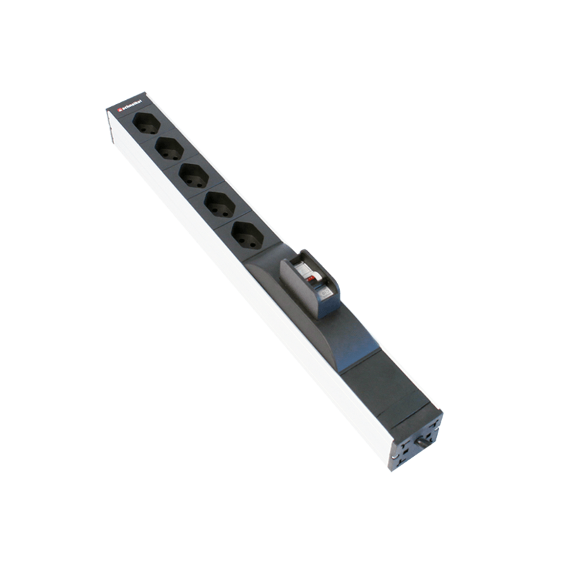 Steckdosenleiste PDU 19&quot; 1HE 5×T13 schwarz Stecker T12 mit Leitungsschutz (LS-Schalter)