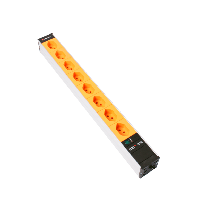 Steckdosenleiste 19&quot; 1HE 8×T13 orange Stecker T12 mit Power Anzeige und Protector