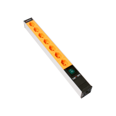 Steckdosenleiste 19" 1HE 7×T13 orange Stecker T12 mit Schalter und Protector