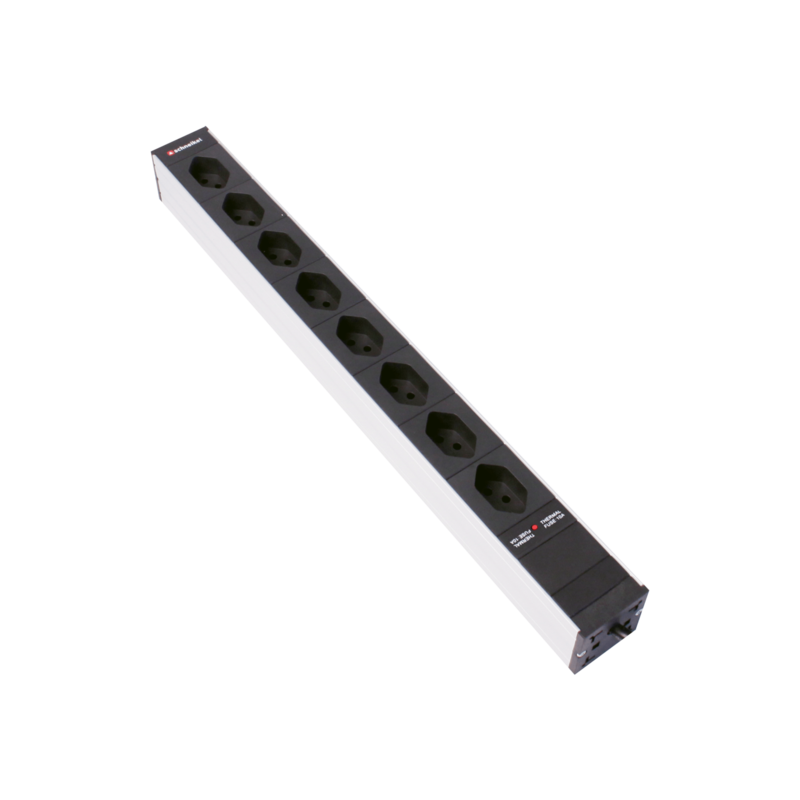 Steckdosenleiste 19&quot; 1HE 8×T13 schwarz Stecker T12 mit Protector