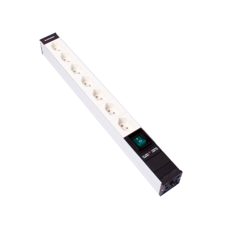 Steckdosenleiste 19&quot; 1HE 7×T13 weiss Stecker T12 mit Schalter und Protector