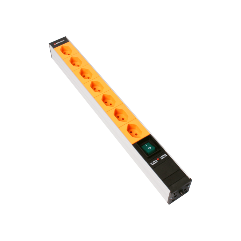 Steckdosenleiste 19&quot; 1HE 7×T13 orange Stecker T12 mit Schalter und Protector