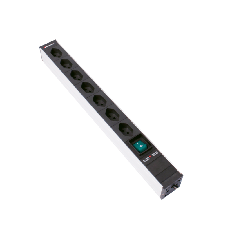 Steckdosenleiste 19&quot; 1HE 7×T13 schwarz Stecker T12 mit Schalter und Protector