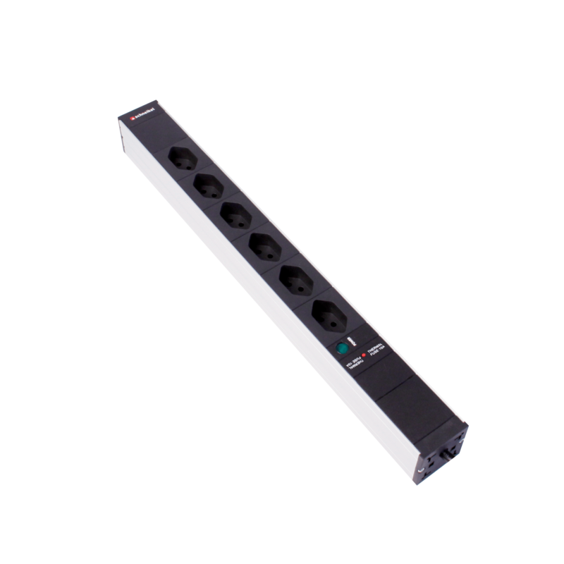 Steckdosenleiste 19&quot; 1HE 6×T13 schwarz Stecker T12 mit Power Anzeige und Protector