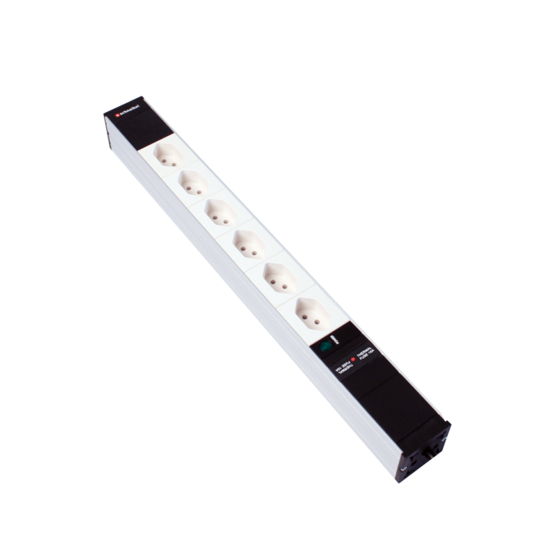 Steckdosenleiste 19&quot; 1HE 6×T13 weiss Stecker T12 mit Power Anzeige und Protector