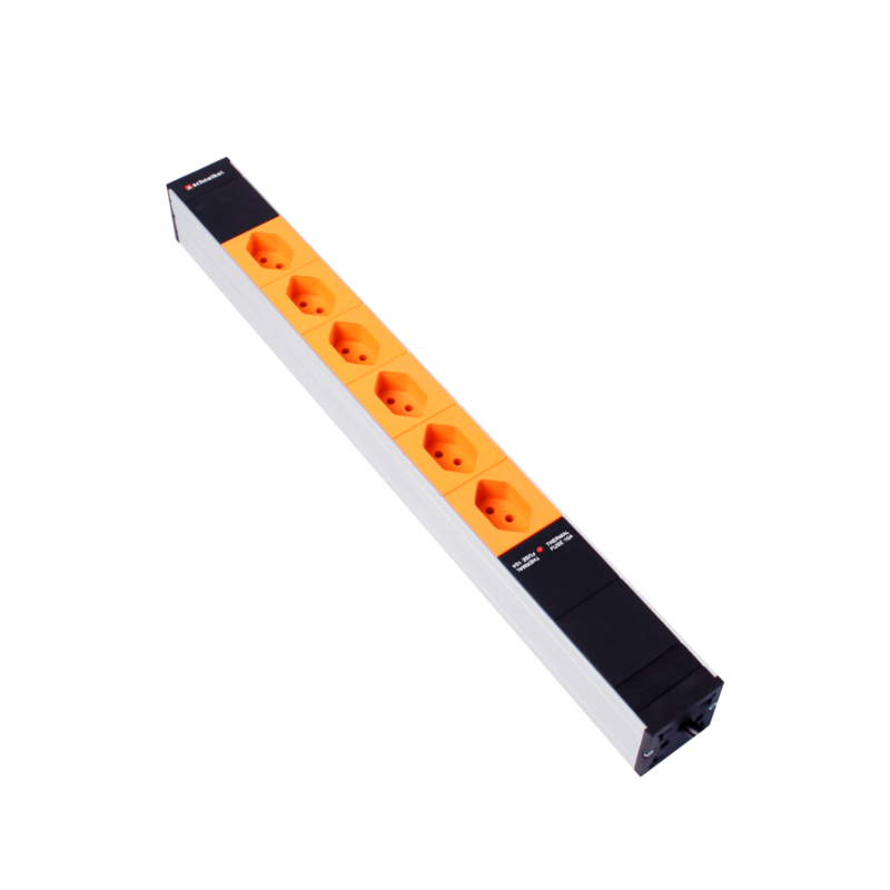 Steckdosenleiste 19&quot; 1HE 6×T13 orange Stecker T12 mit Protector