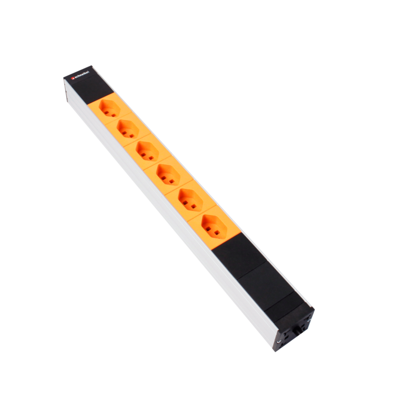 Steckdosenleiste 19&quot; 1HE 6×T23 schwarz Stecker T23 Einsätze orange