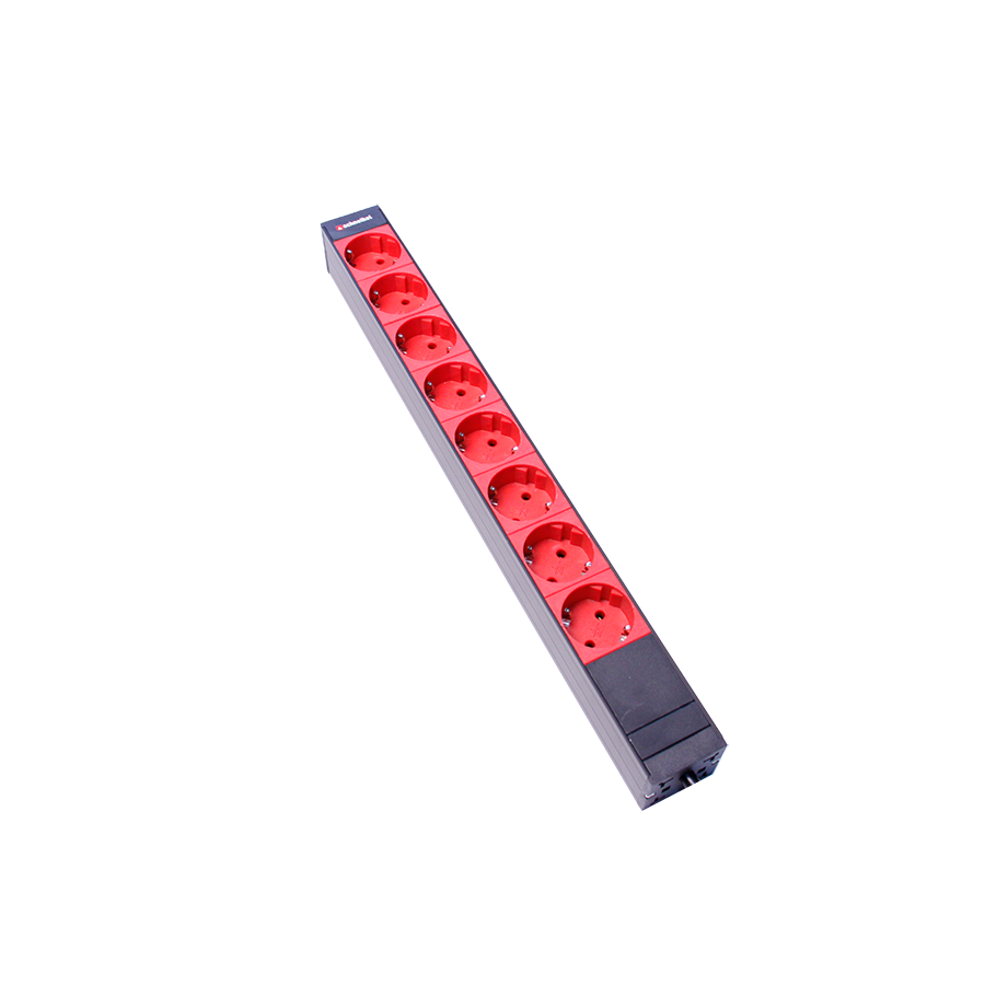 Steckdosenleiste 19" 1HE  8xTyp F (CEE 7/3) rot (Schutzkontakt), Stecker Typ F (CEE 7/4)