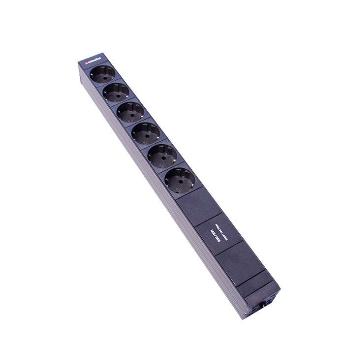 Steckdosenleiste 19&quot; 1HE 6xTyp F (CEE 7/3) schwarz (Schutzkontakt) Stecker Typ F (CEE 7/4), mit Netzfilter