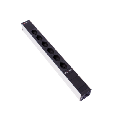 Steckdosenleiste 19&quot; 1HE 6×T13 schwarz Stecker T12 mit Protector