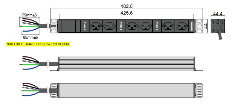 Steckdosenleiste 19" 1HE, 6 x T23 schwarz, 3-Phasig