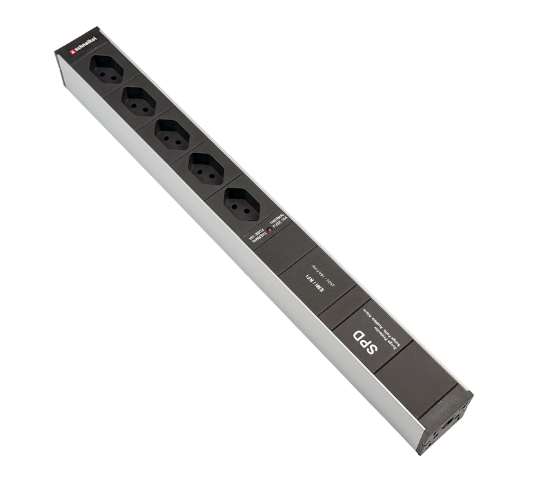 Steckdosenleiste 19" 1HE, 5 x T13 schwarz, Überspannungsschutz (SPS), Netzfilter, Thermal Fuse 10A