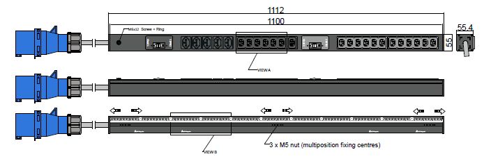 PDU IEX BASIC 55x55mm, 5 x T13 &amp; 19 x IEX (C13/C19), orange