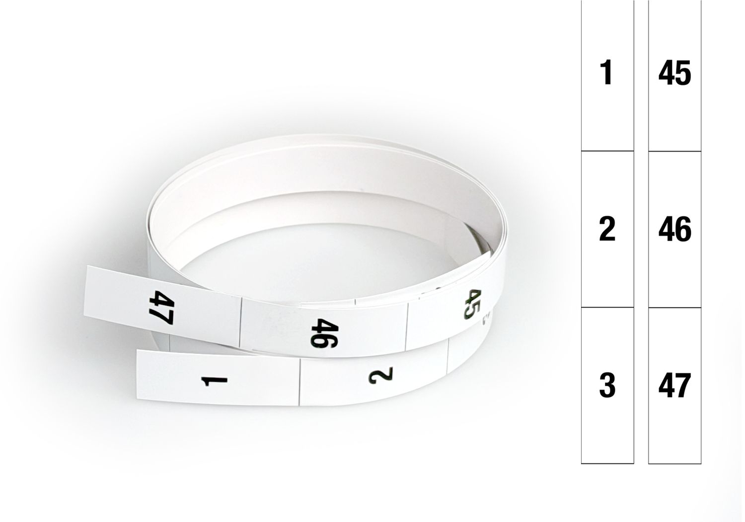 HE Bezeichnungsstreifen 1-47HE, von oben nach unten, weisser Hintergrund, schwarze Schrift