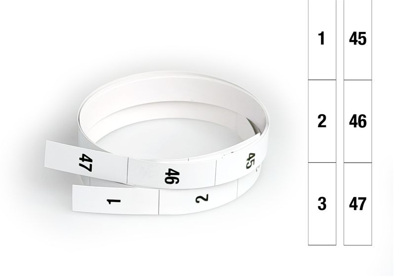HE Bezeichnungsstreifen 1-47HE, von oben nach unten, weisser Hintergrund, schwarze Schrift