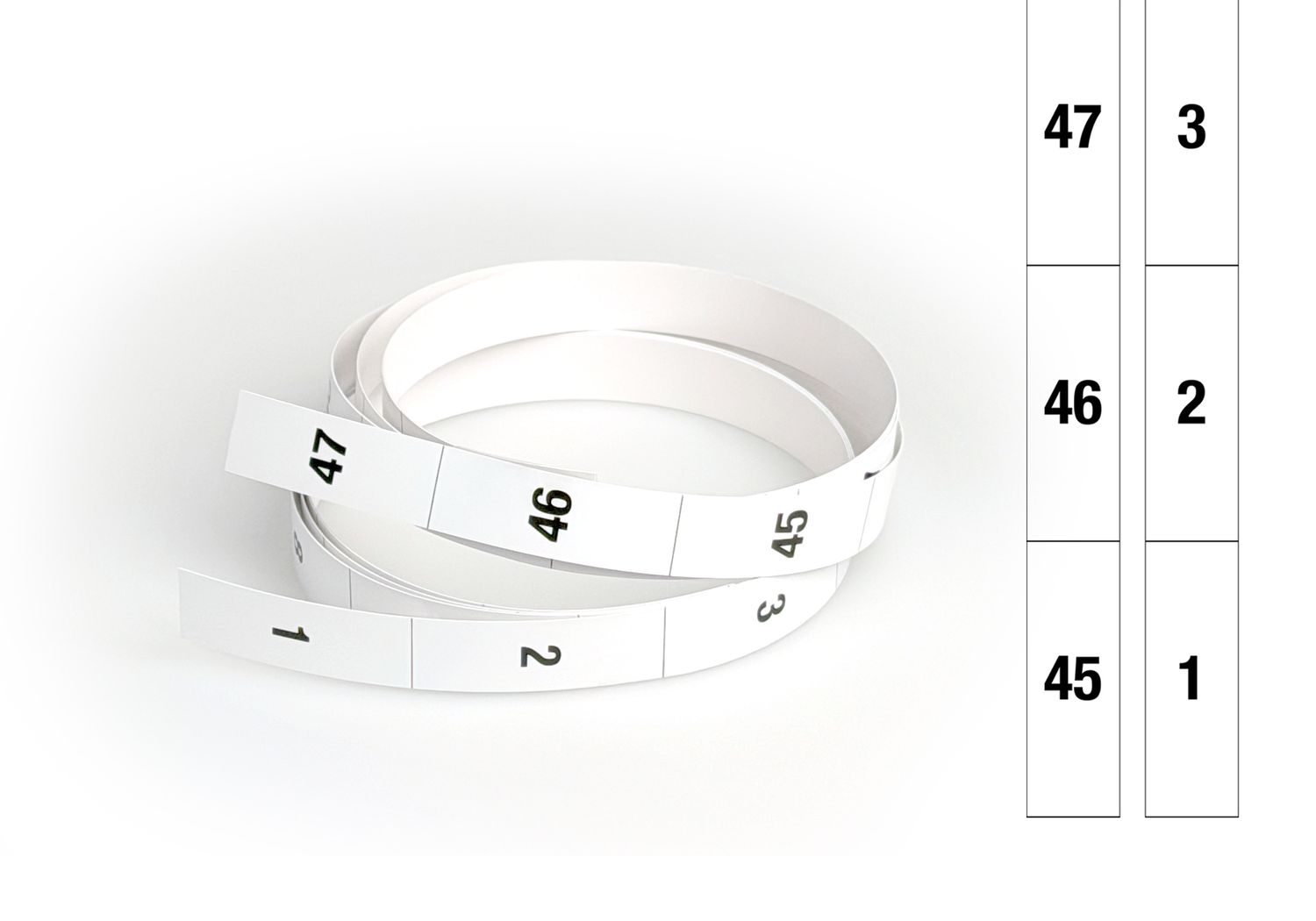 HE Bezeichnungsstreifen 1-47HE, von unten nach oben, weisser Hintergrund, schwarze Schrift