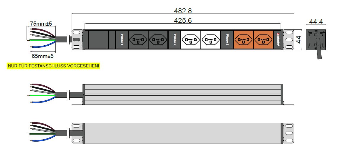 Steckdosenleiste 19" 1HE, 2 x T23 weiss, 2 x T23 schwarz, 2 x T23 orange, 3-Phasig