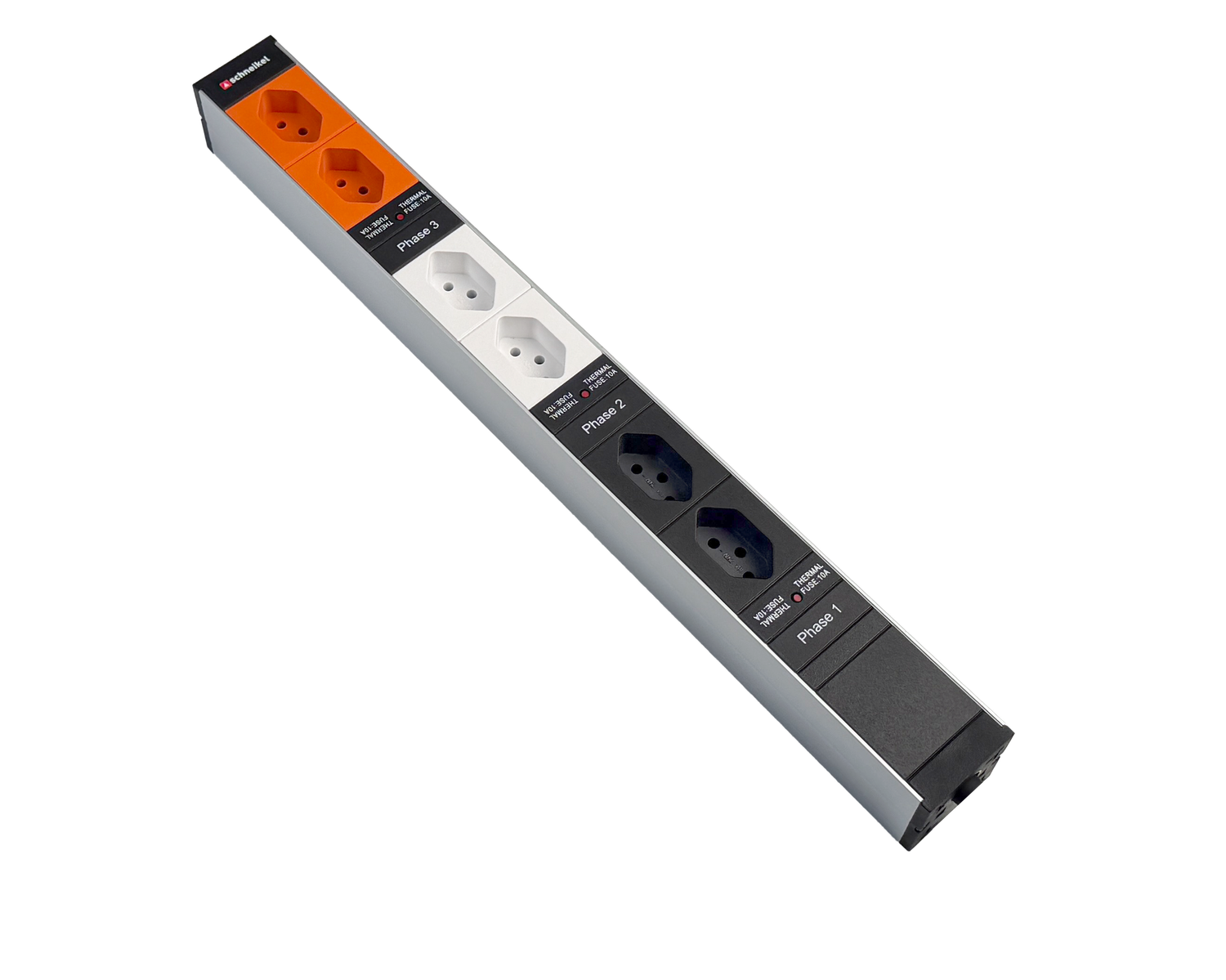 Steckdosenleiste 19" 1HE, 2 x T13 schwarz, 2 x T13 weiss, 2 x T13 orange, 3-Phasig, Thermal Fuse