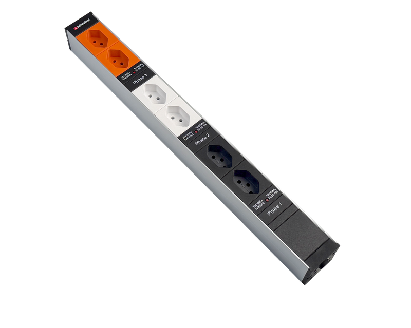 Steckdosenleiste 19" 1HE, 2 x T13 schwarz, 2 x T13 weiss, 2 x T13 orange, 3-Phasig, Thermal Fuse