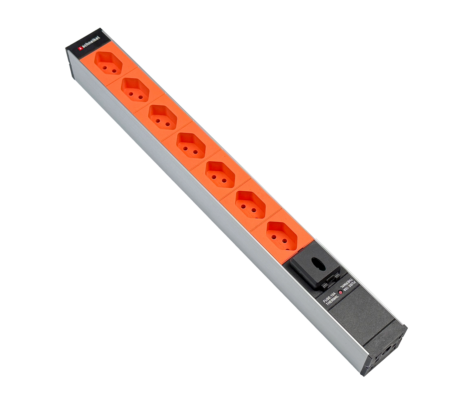 Steckdosenleiste 19" 1HE 7×T13 orange Stecker T12 mit Schalter und Protector