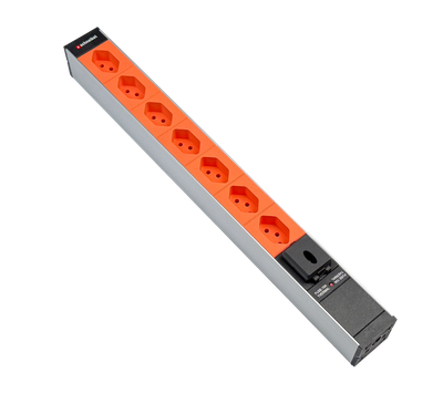 Steckdosenleiste 19" 1HE 7×T13 orange Stecker T12 mit Schalter und Protector