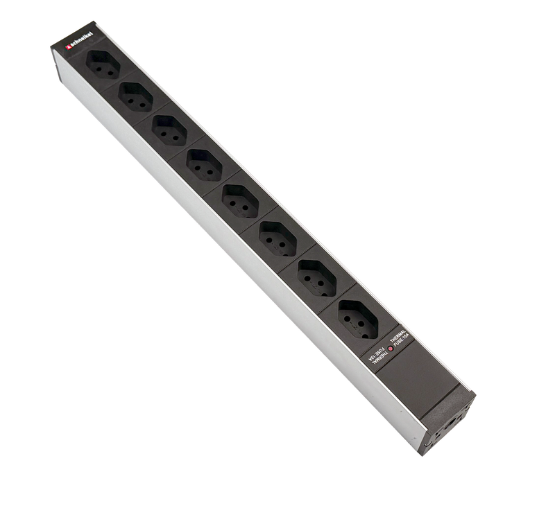 Steckdosenleiste 19" 1HE 8×T13 schwarz Stecker T12 mit Protector