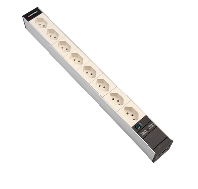 Steckdosenleiste 19" 1HE 8×T13 weiss Stecker T12 mit Power Anzeige und Protector