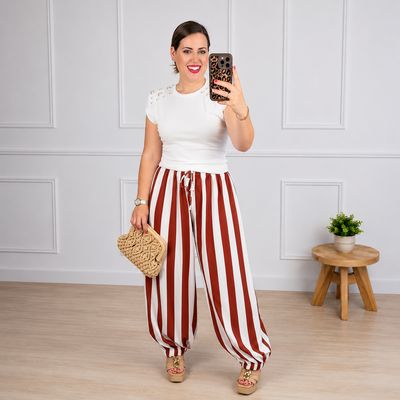 Pantalón Bombacho Rayas Teja y Blanco