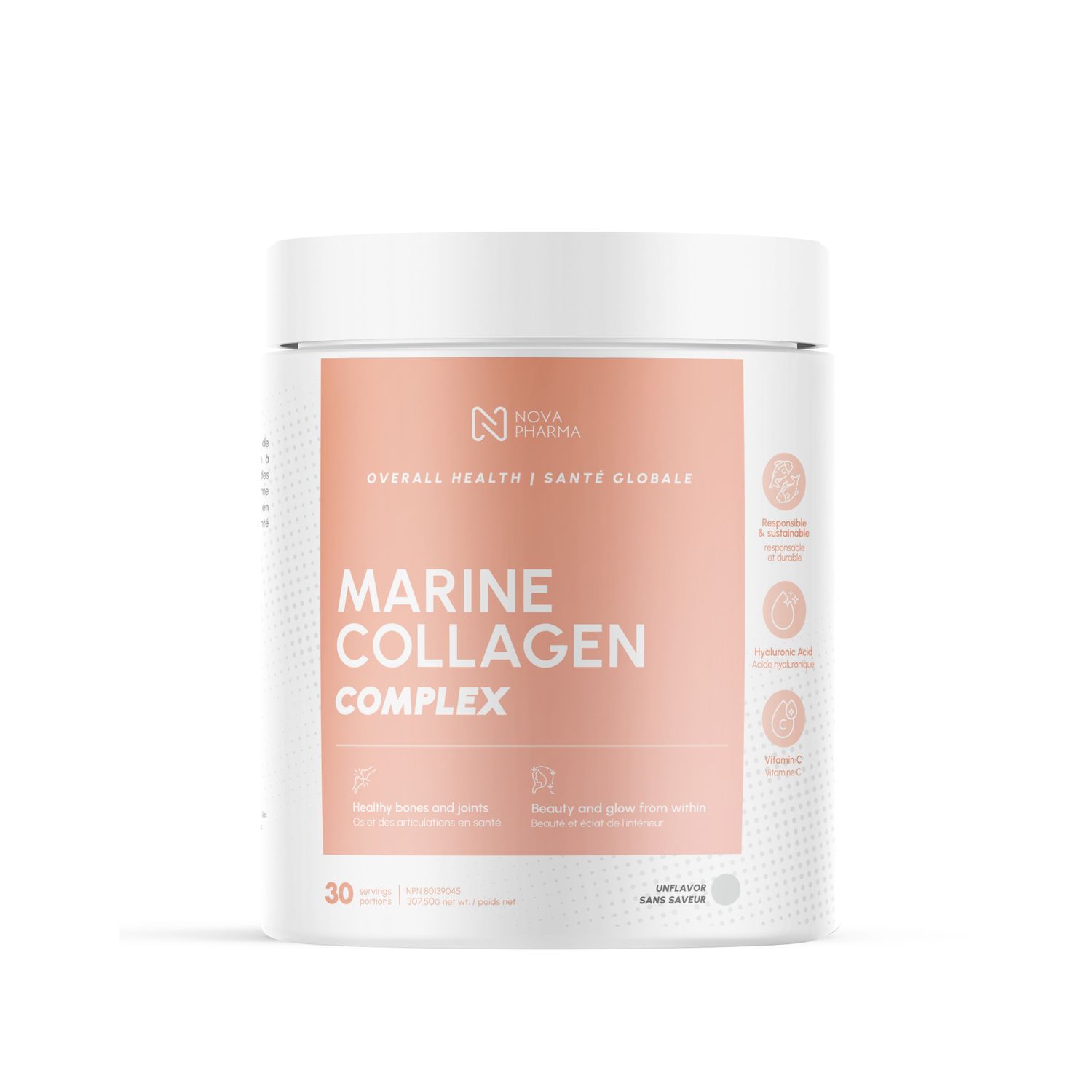NOVA PHARMA COLLAGÈNE MARIN COMPLEX AVEC ACIDE HYALURONIQUE, VITAMINE C &amp; BIOTINE 30 PORTIONS, Color: SANS SAVEUR