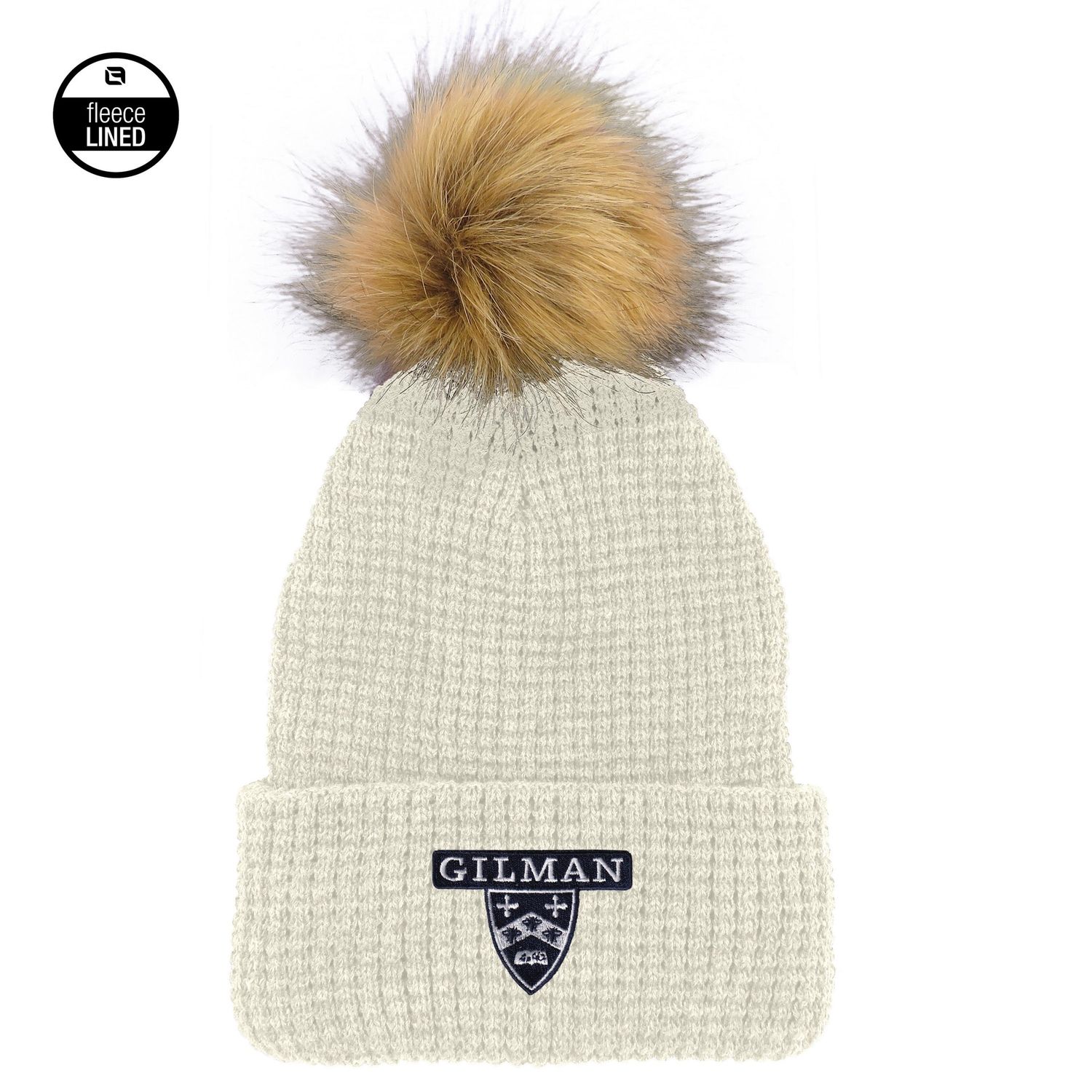 Logofit Belgian Knit Cream Cuff Hat w/ waffle pattern Fleece Lined and Faux Fut Pom Women's 7220