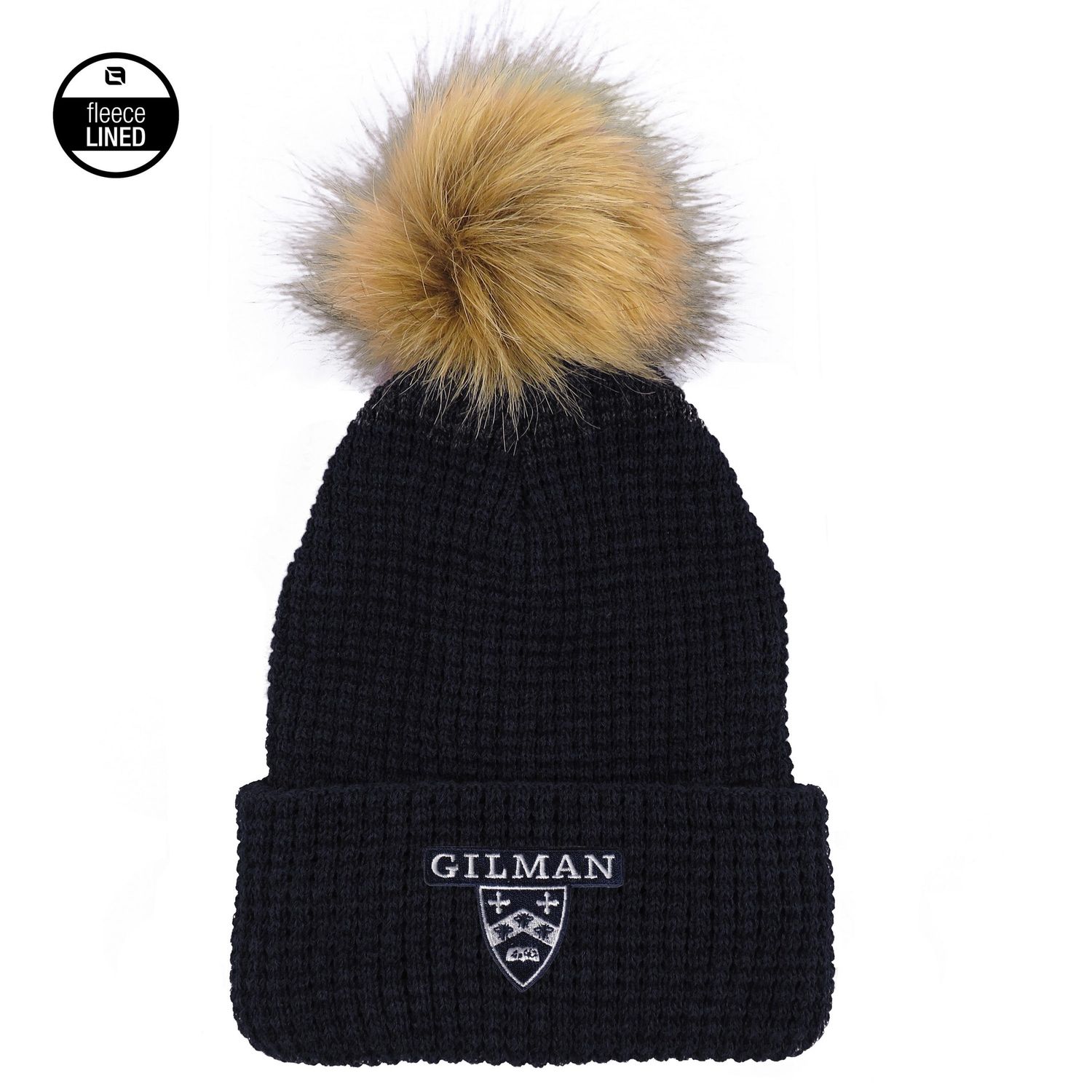 Logofit Belgian Knit Navy Cuff Hat w/ waffle pattern Fleece Lined and Faux Fut Pom Women's 7220